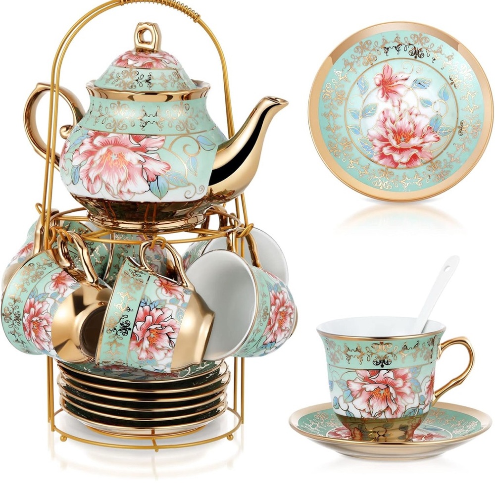 Zheaho 20 Pcs Porcelain Set European Flower Fresh Style Gold Jade
